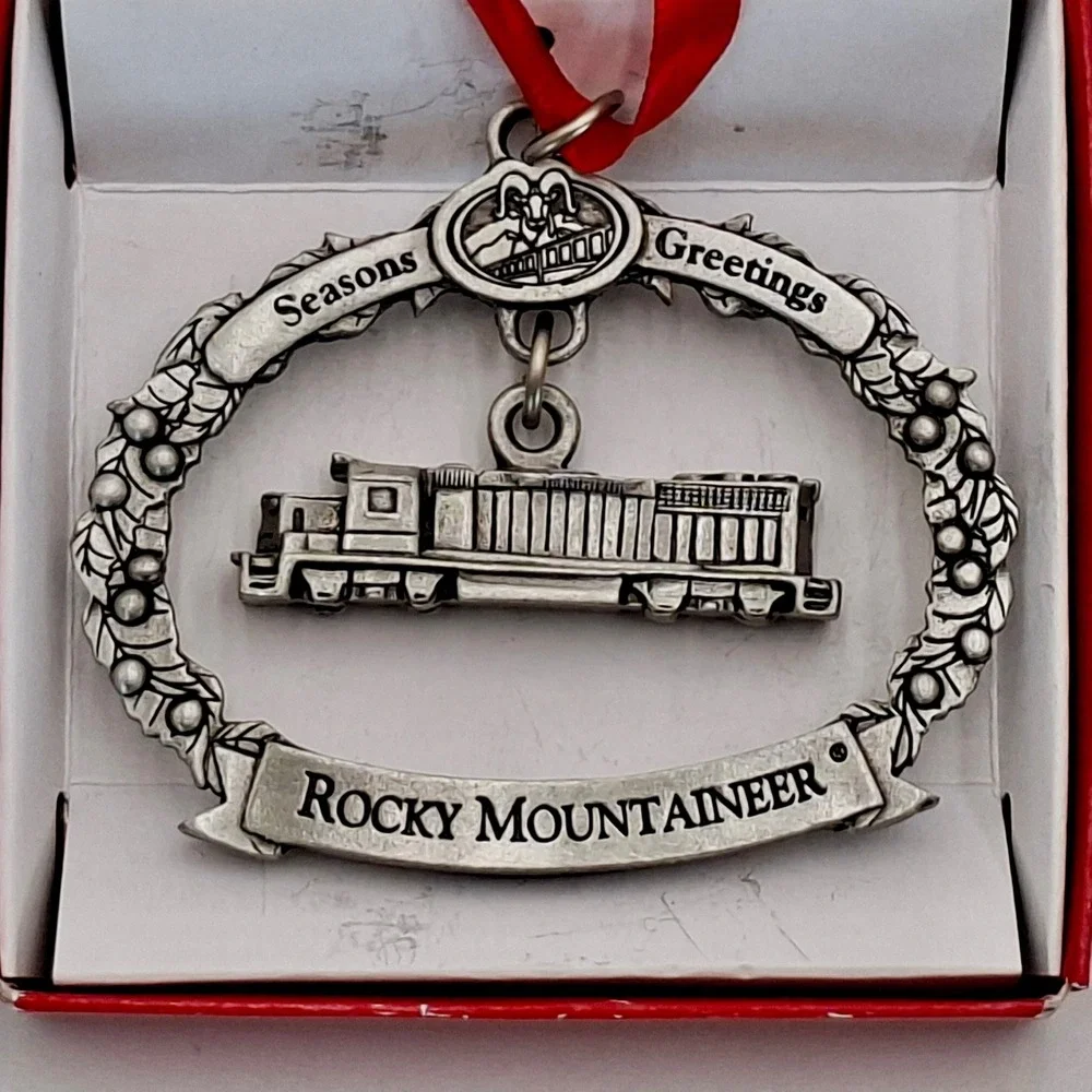 Rare VTG Rocky Mountaineer Railtours Solid Brass Train Christmas Ornament Box